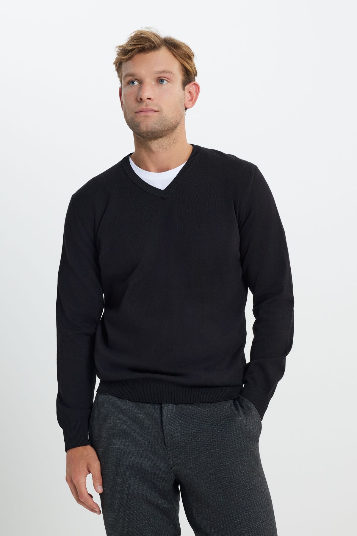 Men's Black Cotton Standard Fit Normal Cut V -Neck Basic Knitwear Sweater