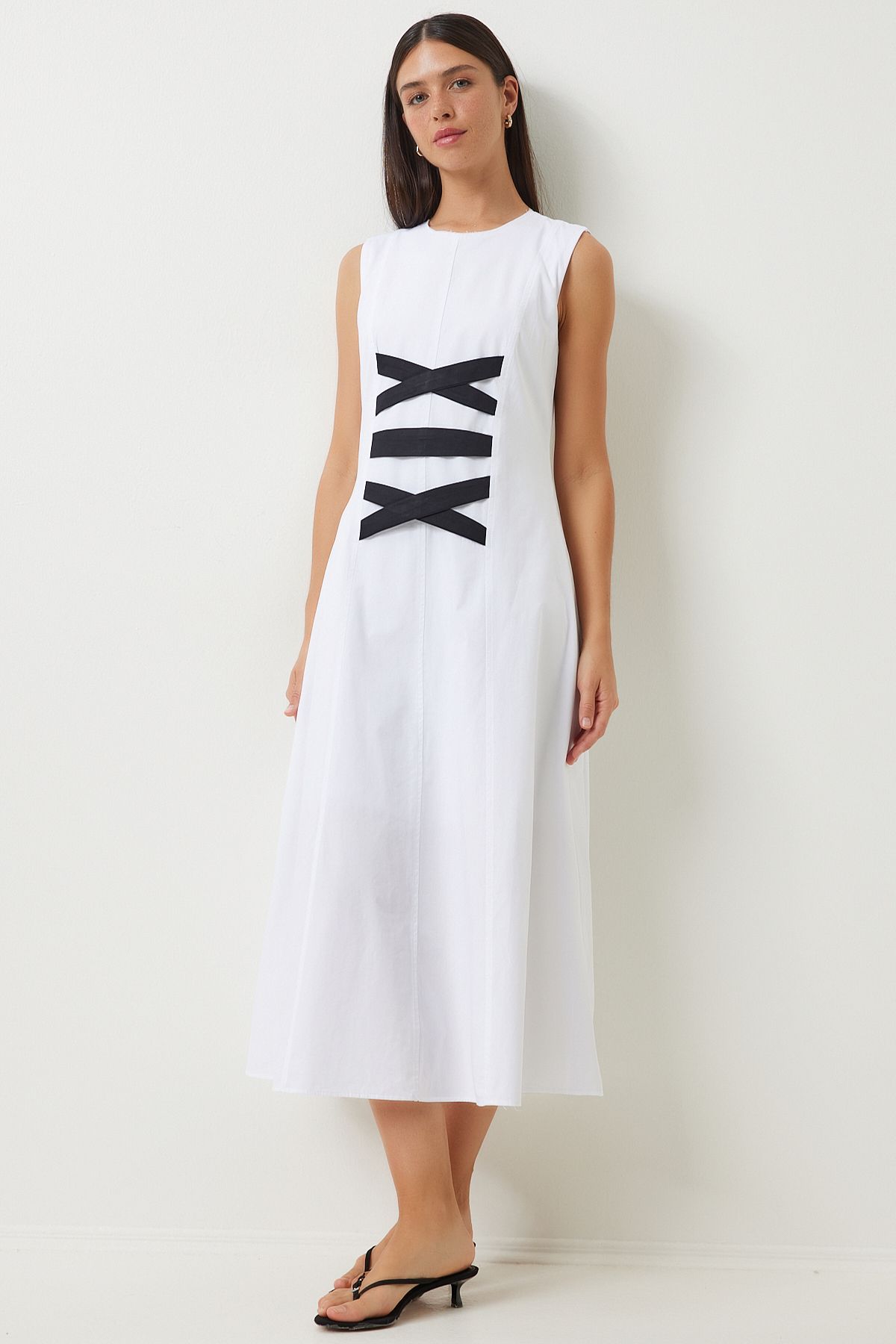 Woman White Black Ribbon Detailed Tok Poplin Dress AN00202