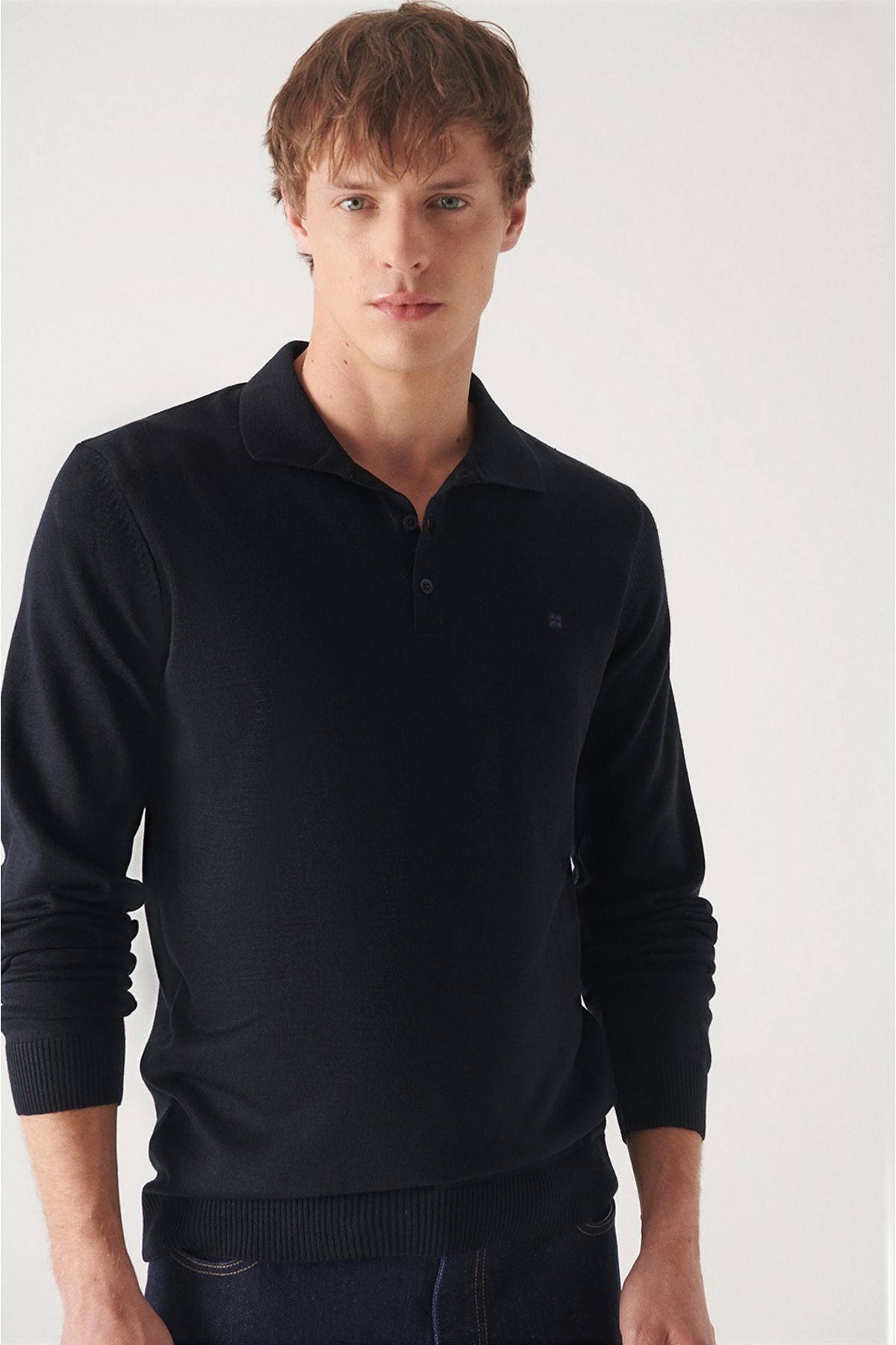 Men's navy blue wool mixed Polico Knitwear Sweater E005017