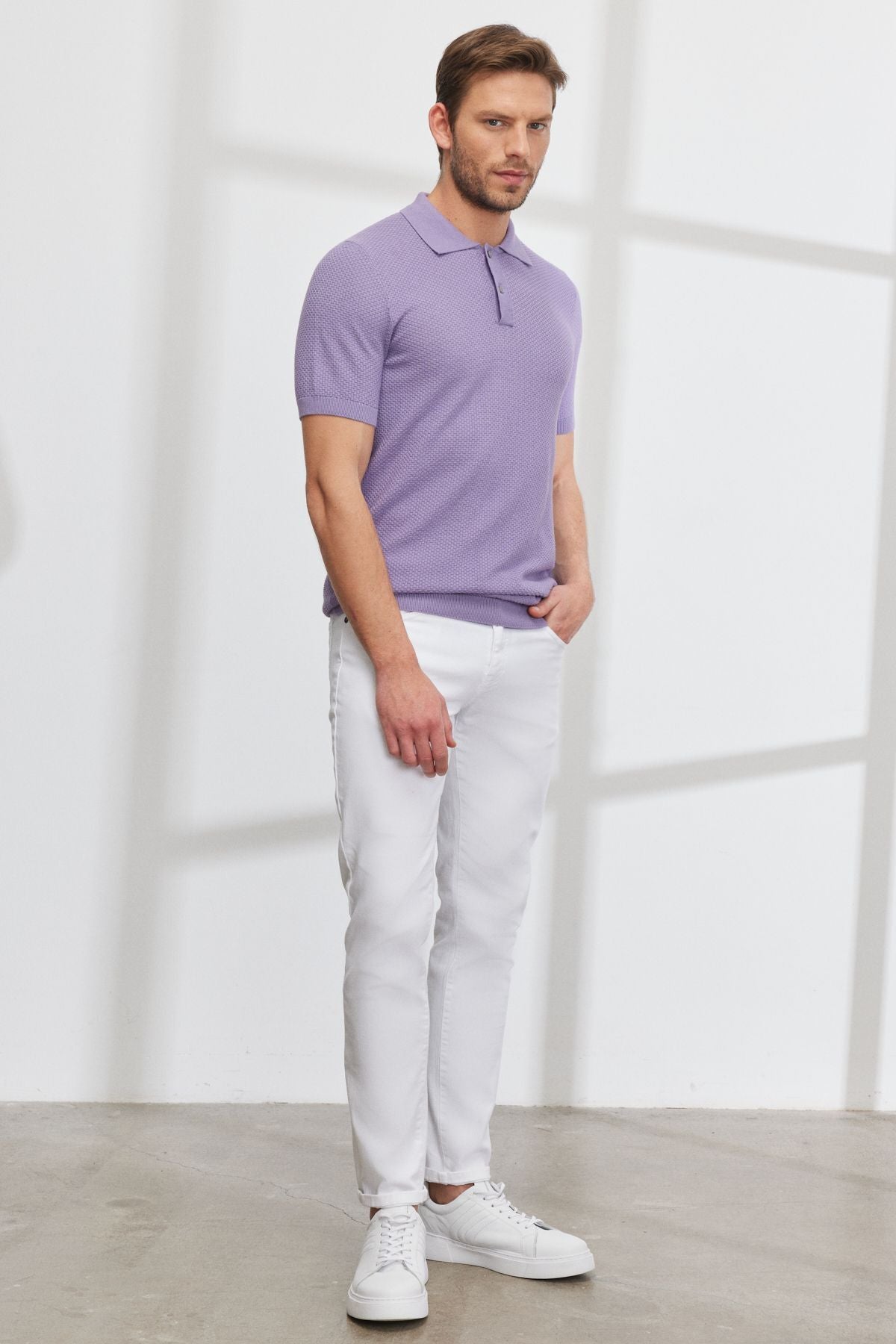 Men's lilac Standard Fit Normal Cut Polo Yaka 100 %Cotton Short Sleeve Knitwear T -shirt