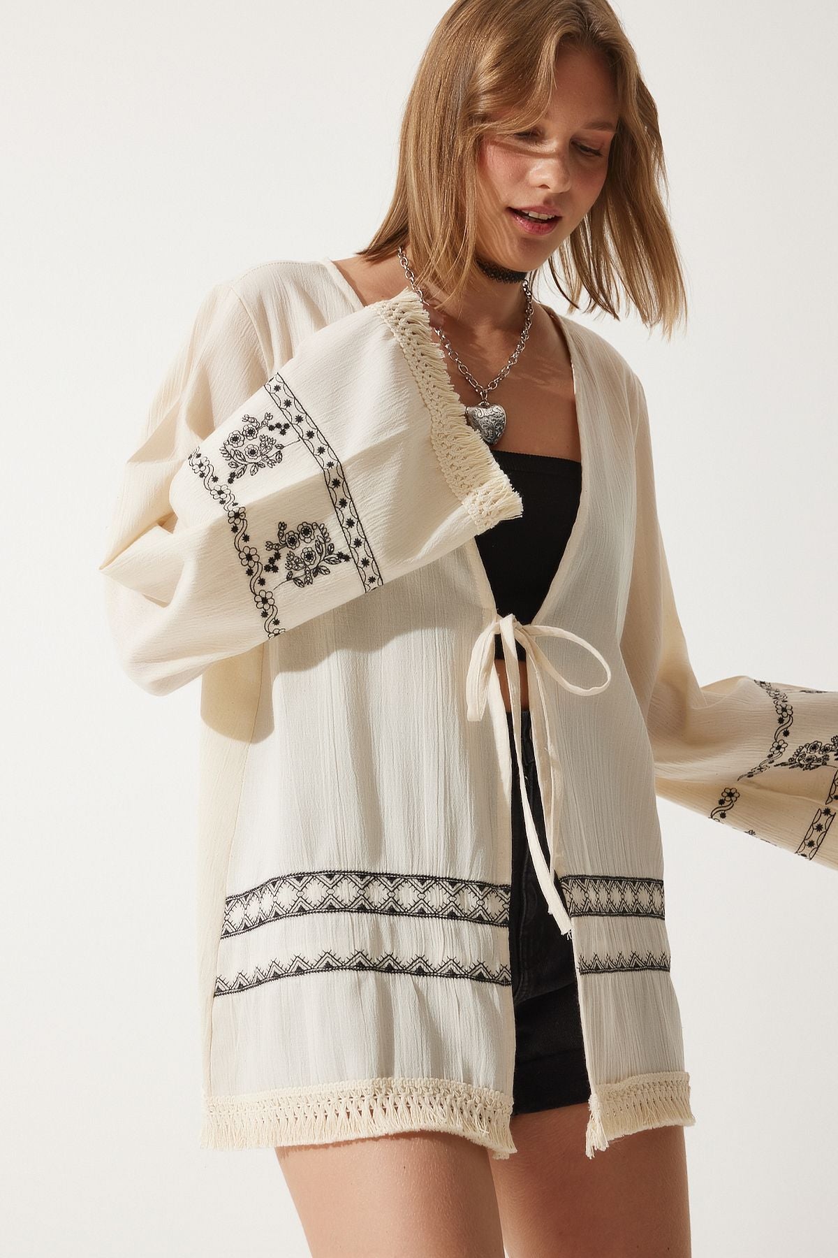 Women's Cream Embroidery Raw Linen Kimono RG00035