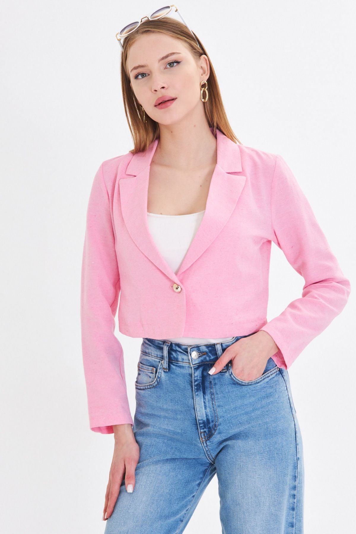 Woman Pink Single button Crop Jacket ARM-23Y001064