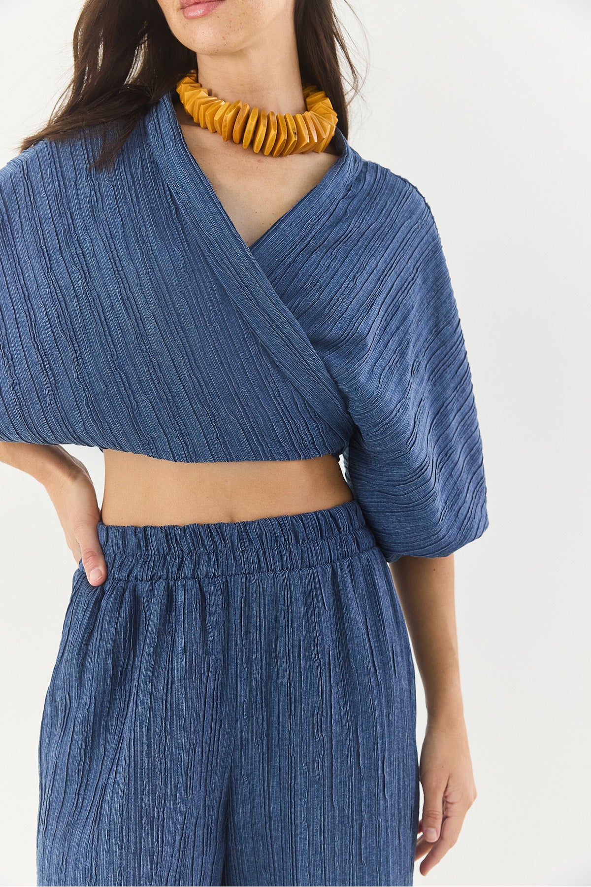 Women's Tie-Up Watermelon Sleeve Blouse with Elastic Waist Loose Trousers Bottom-Top Set 9340 60281051