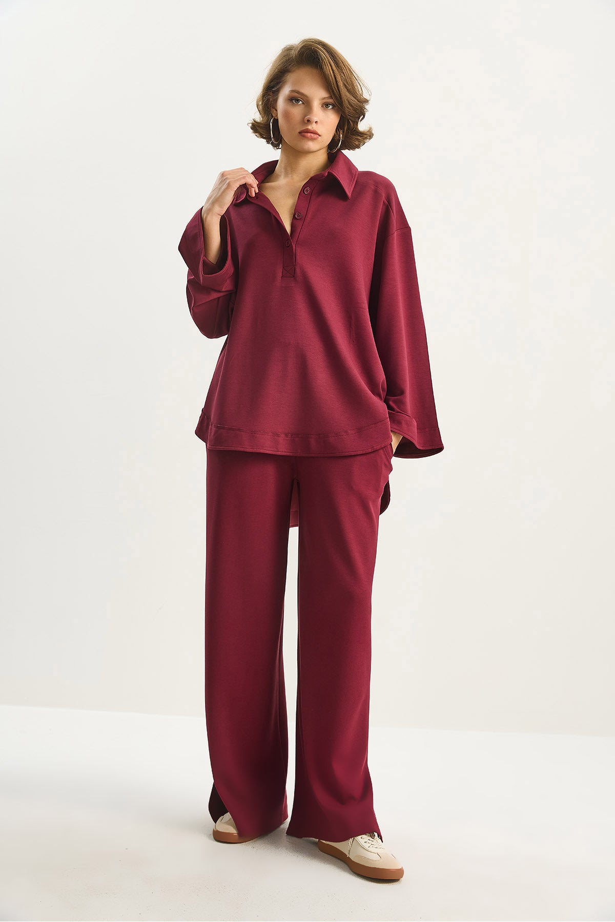 Women's Button Detailed Polo Neck Comfortable Cut Modal Bottom-Top Suit 4036 60283607