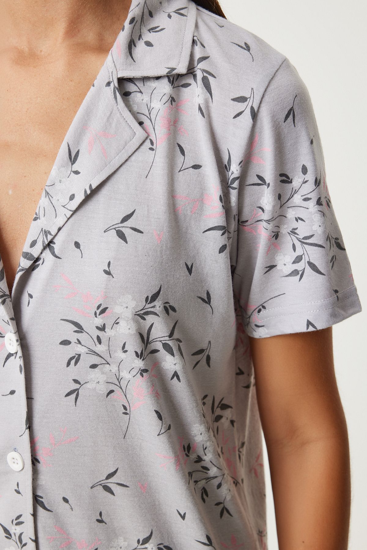 Female Gray Patterned Viscose Shirt Shirt Pajama Set EC00044