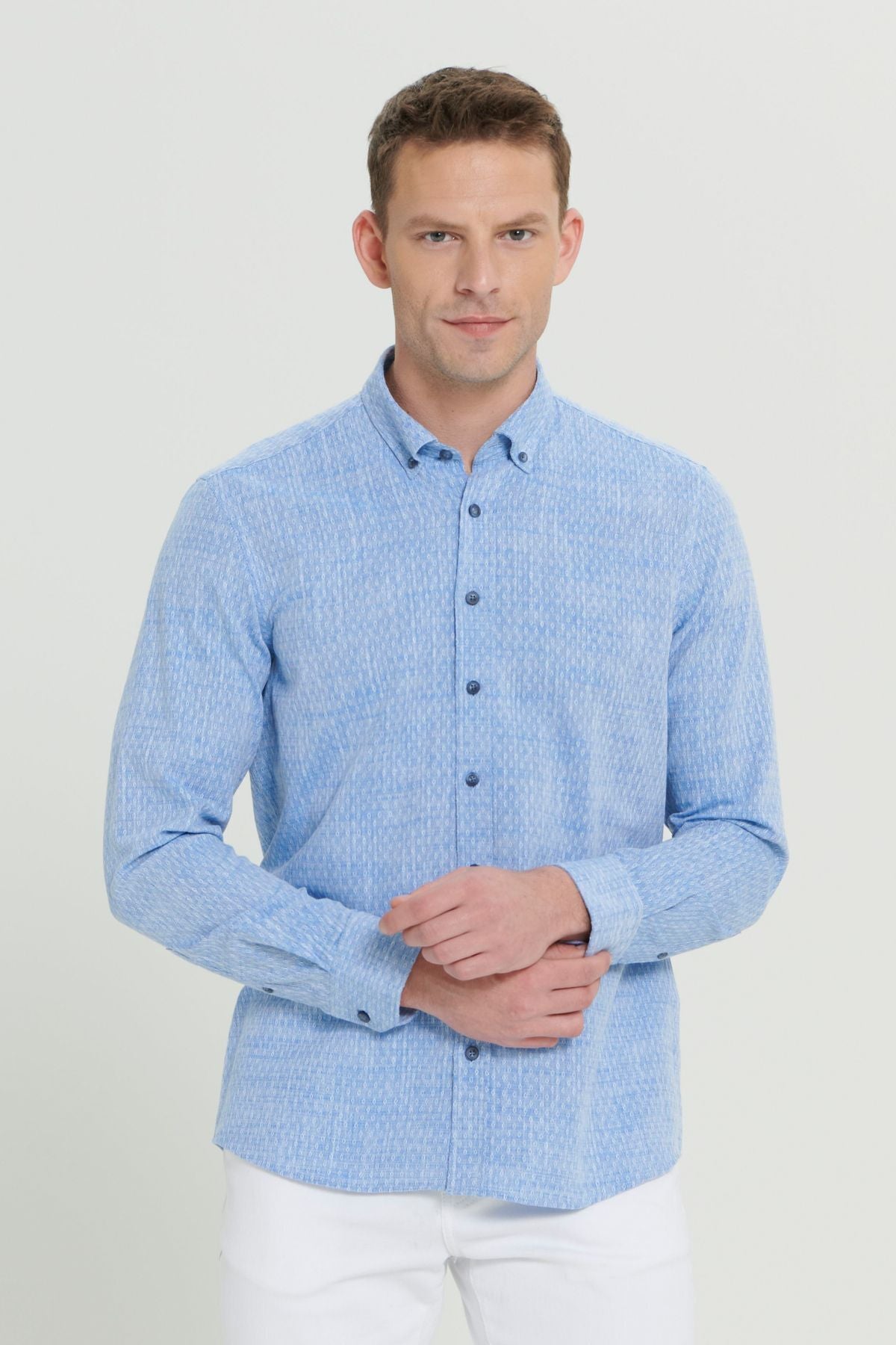 Men's Blue Slim Fit Narrow Cutting 100 %Cotton Ameful Buttoned Buttoned Neck Casual Shirt