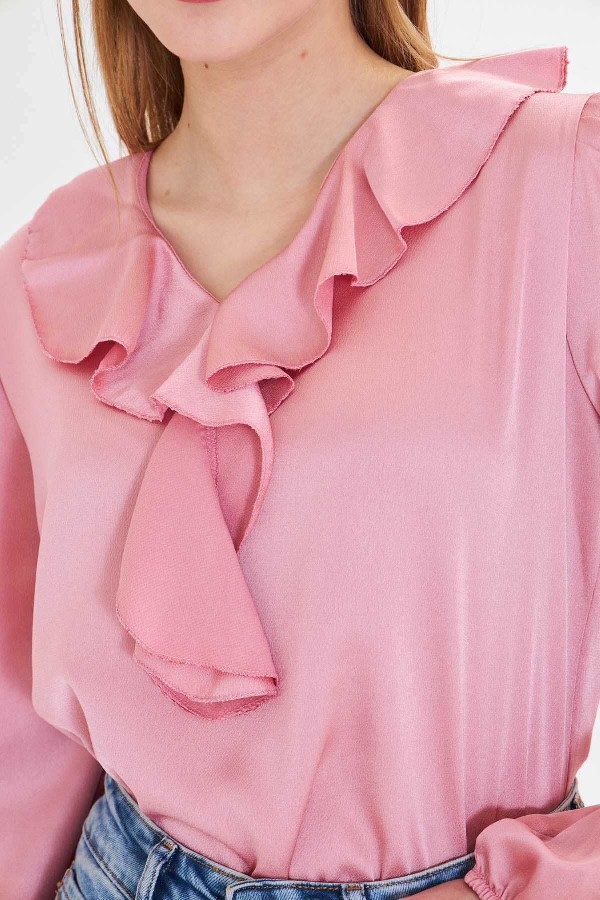 Woman Light Pink collar frilled shoulder shirred arm tire cotton satin blouse ARM-22K001059