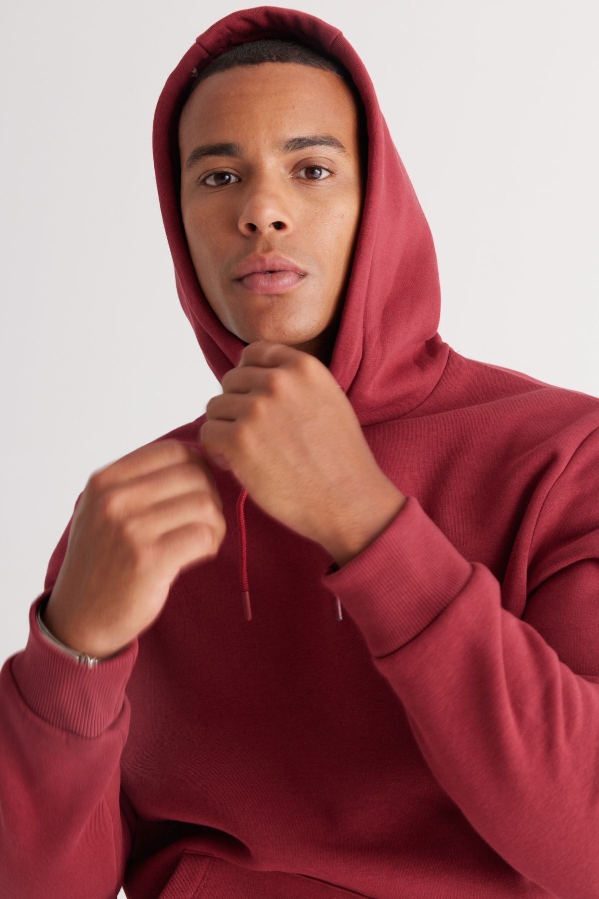 Men's Bordeaux Standard Fit Içi Polar 3 -Triple Hoped Kangaroo Cotton Cotton Sweatshirt