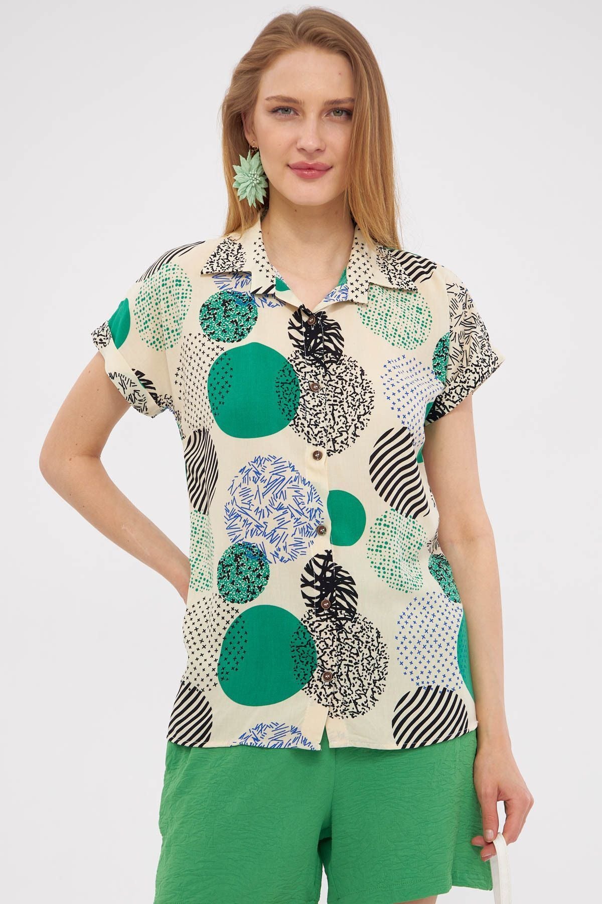Female Green Patterned Short Sleeve Shirt ARM-221052