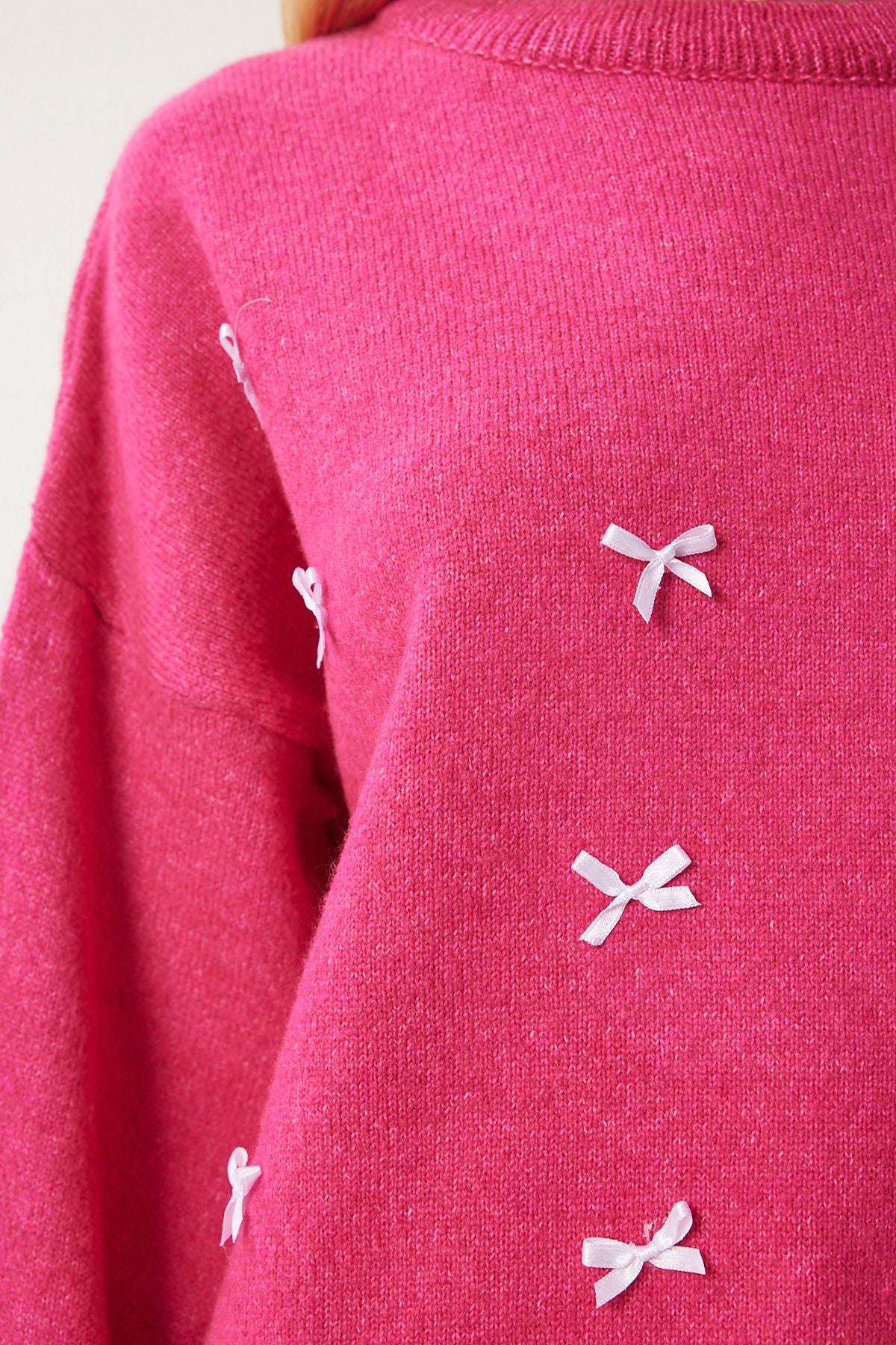 Woman Dark Pink Bow Detailed Oversize knitwear sweater KB00042