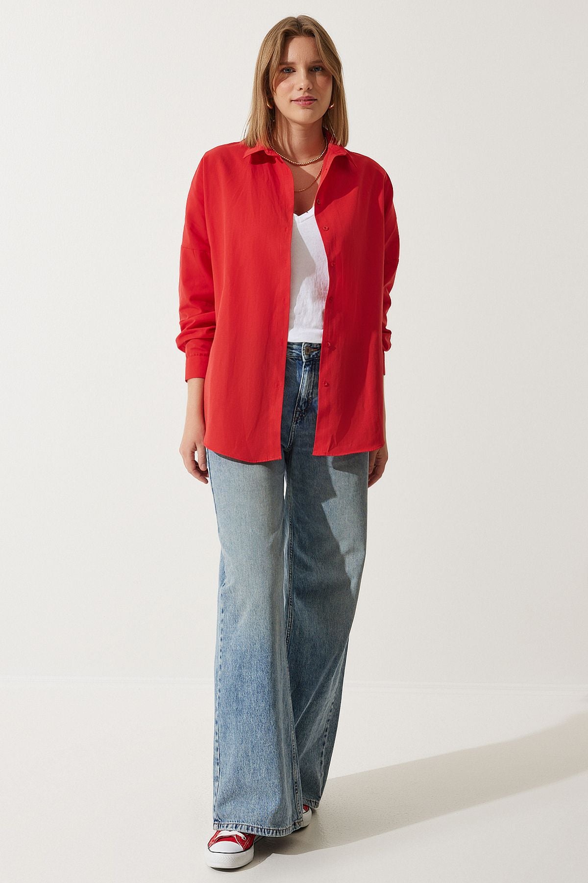 Woman Middle Red Oversize Long Basic Shirt DD00842