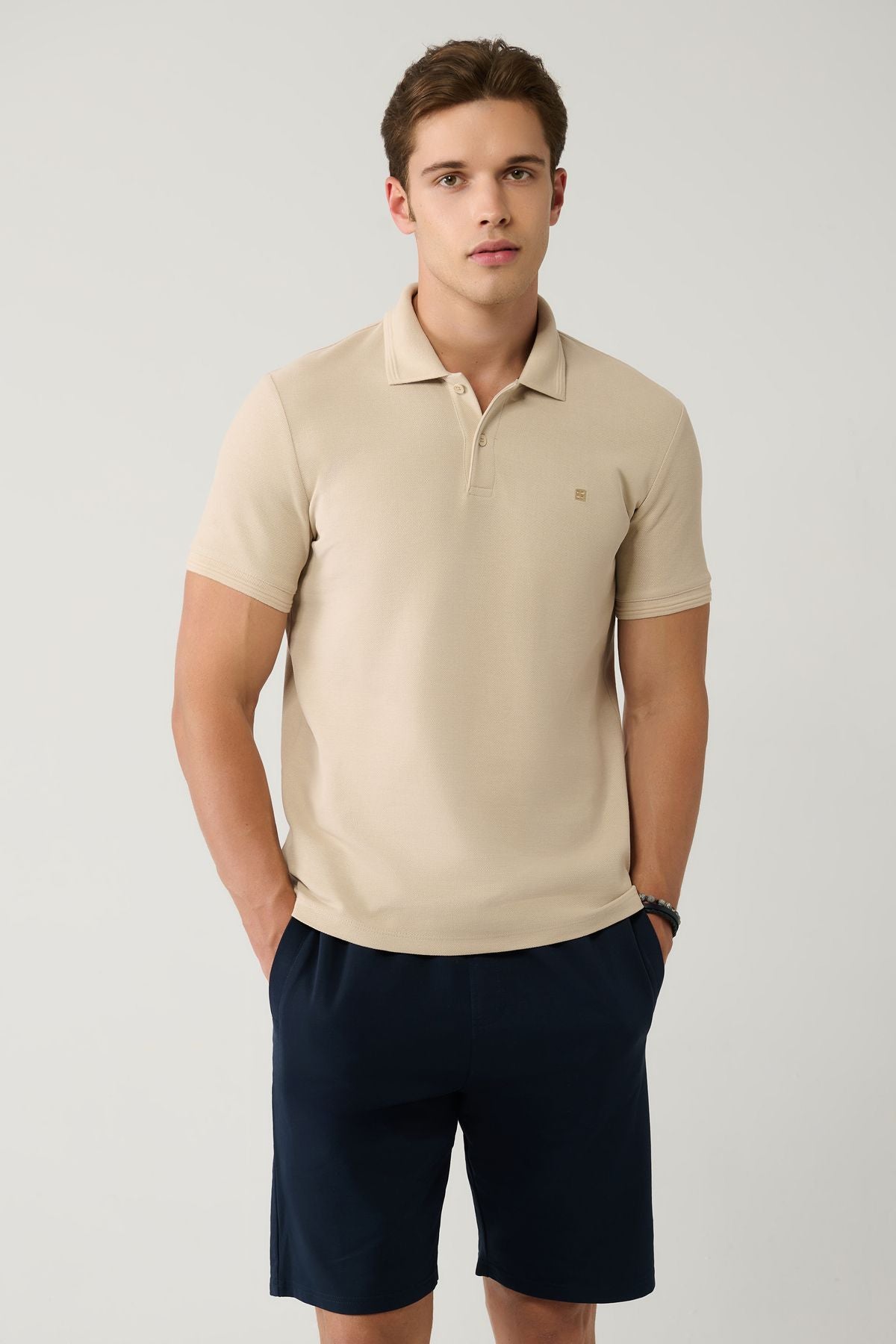 Men's Beige 100 %Cotton Fast Drying Polo Yaka T-shirt B001032