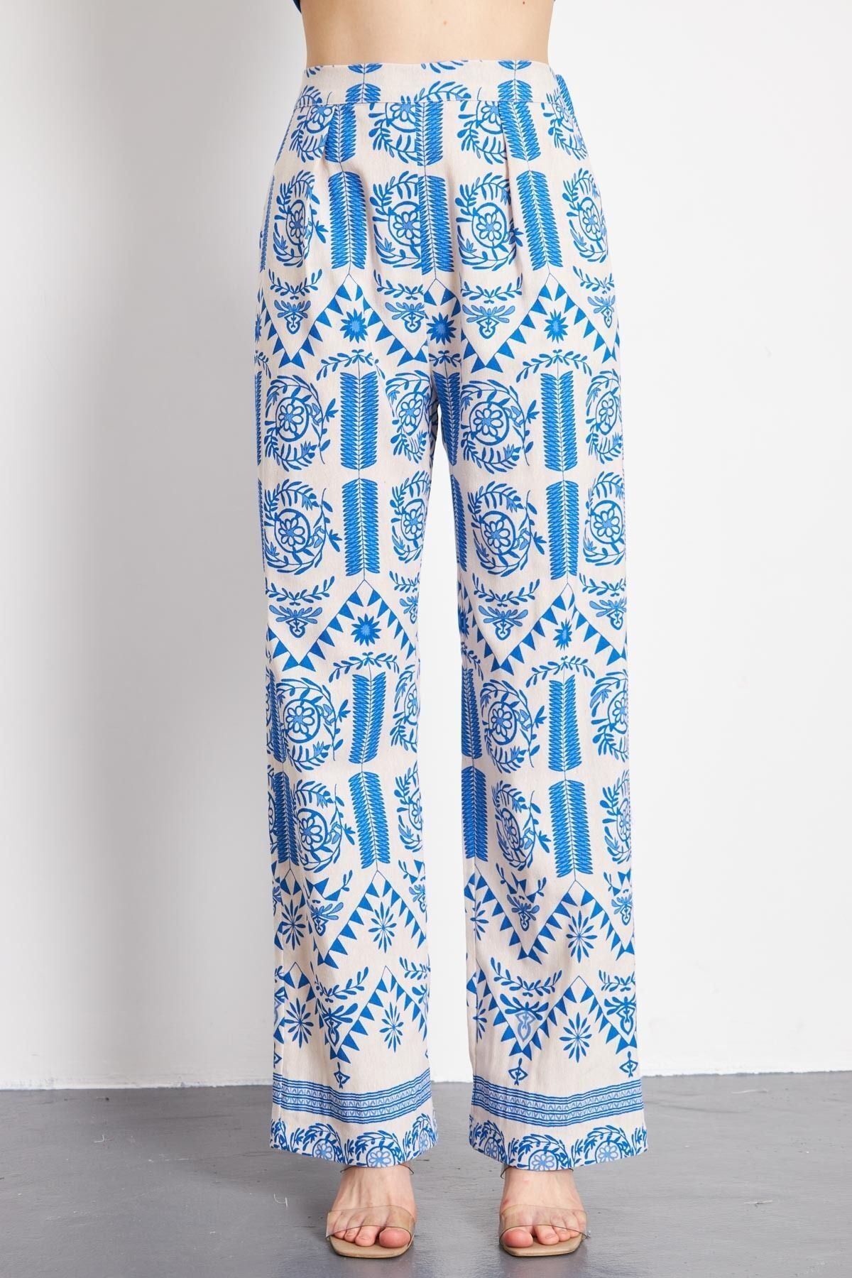 PALAZZO Pants with Patterned Patterned Blue Linen Look