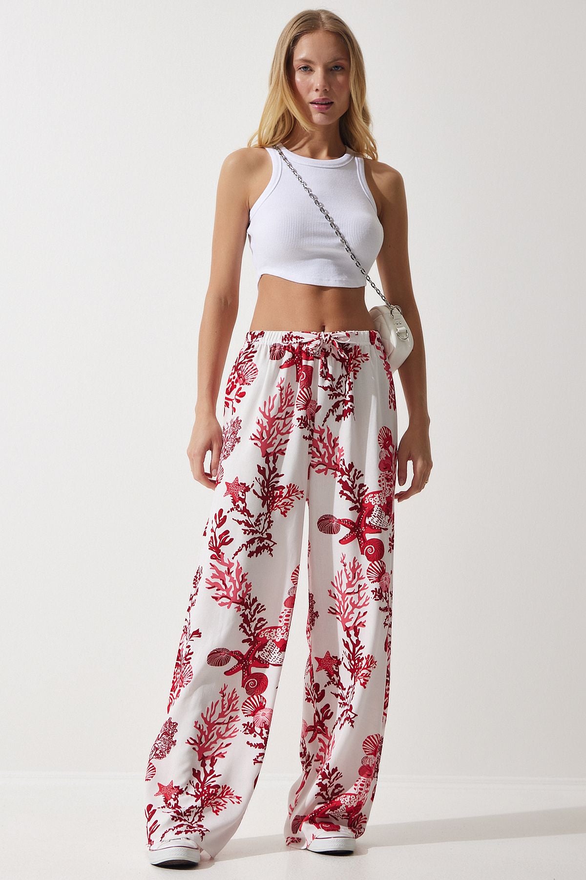 Woman White Pink Patterned Viscose Palazzo Pants EN00606