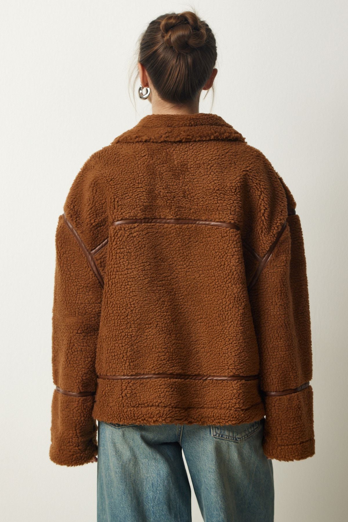 Female Brown Artificial Fur Biker Jacket FN03153