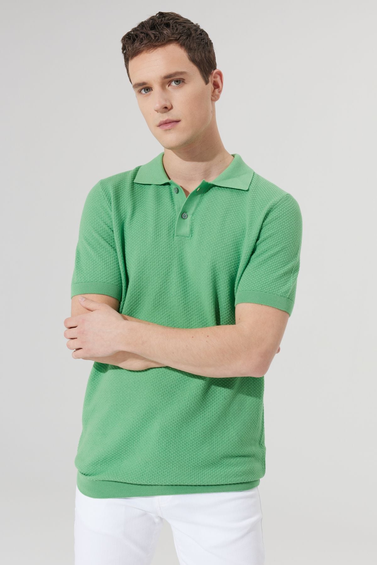 Men's Green Standard Fit Normal Cut Polo Yaka 100 %Cotton Short Sleeve Triko T -shirt