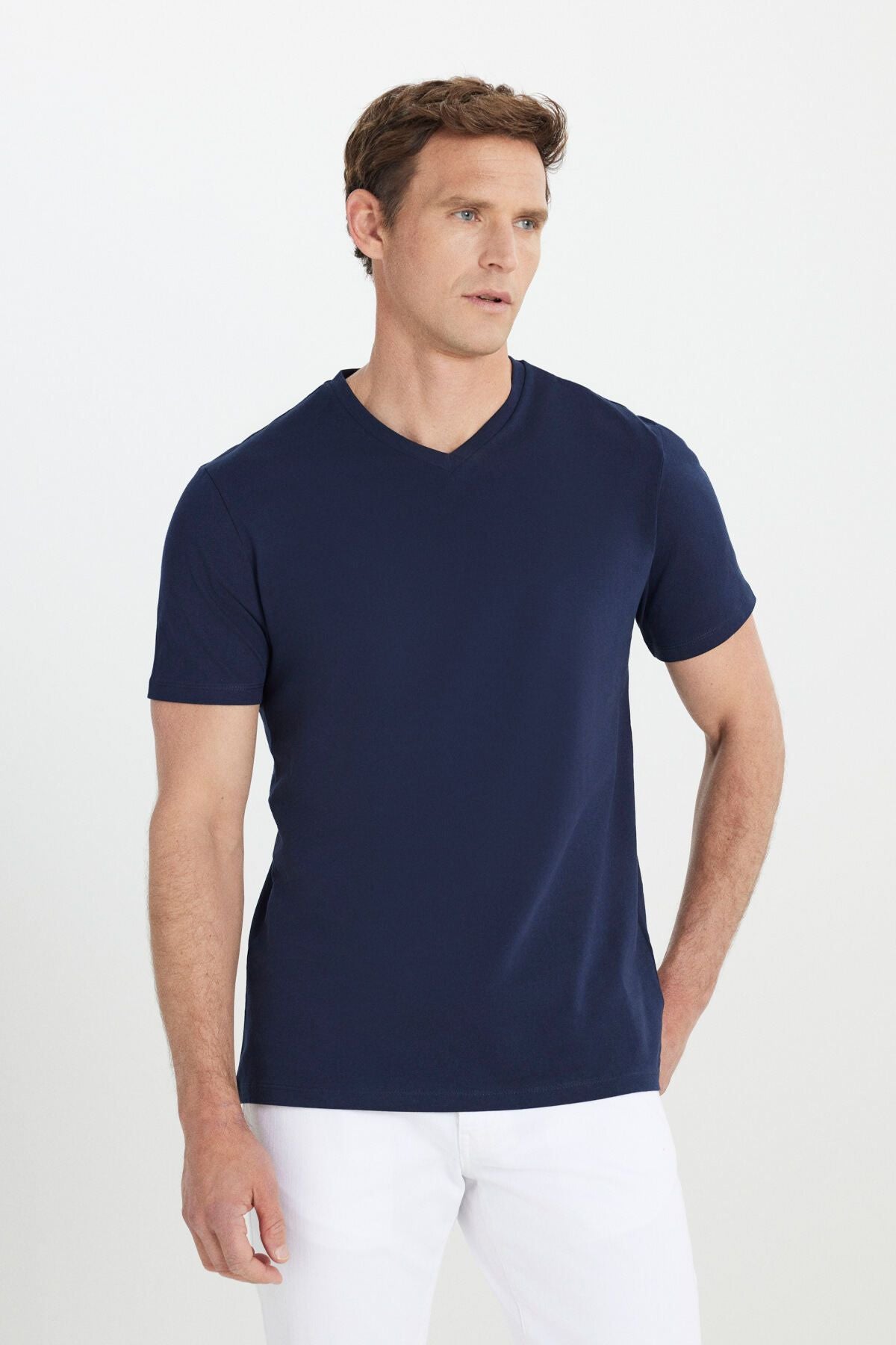 Men's 100 %cotton V -neck navy blue slim fit narrow cut T -shirt