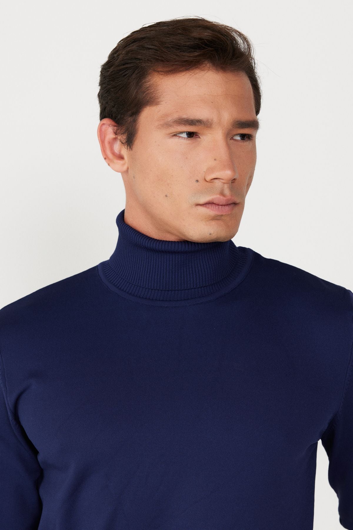 Men's navy blue standard fit normal cut full fisherman collar soft textured basic knitwear sweater