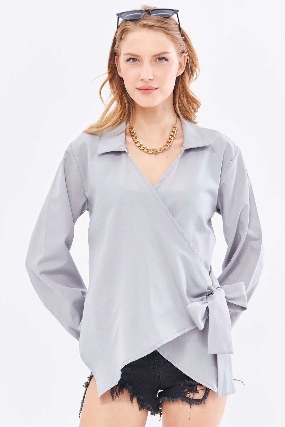 Women's Gray Collar Cruve Blouse ARM-22Y024025