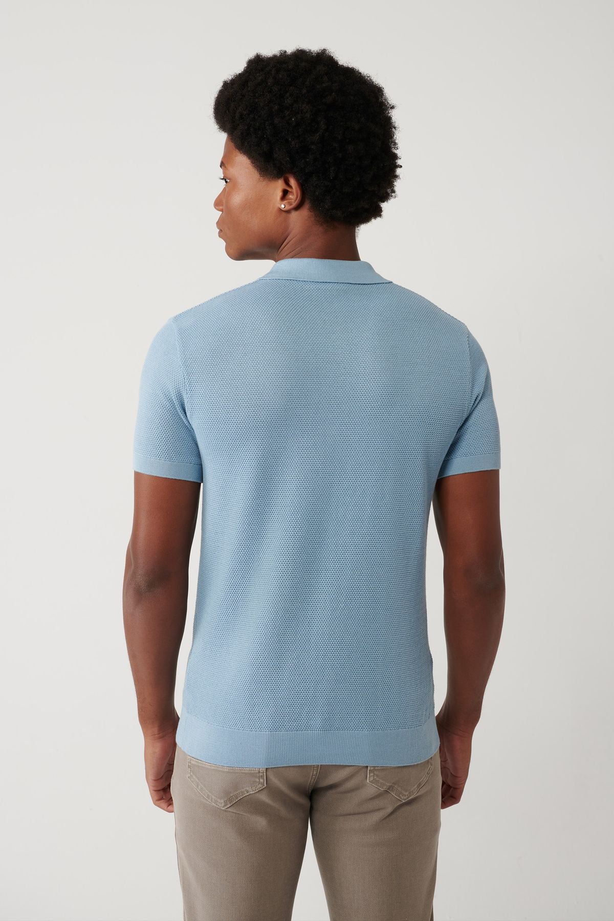 Men's Light Blue 3 Button Tissue Ribanian Polo Yaka Triko T-Shirt B005009