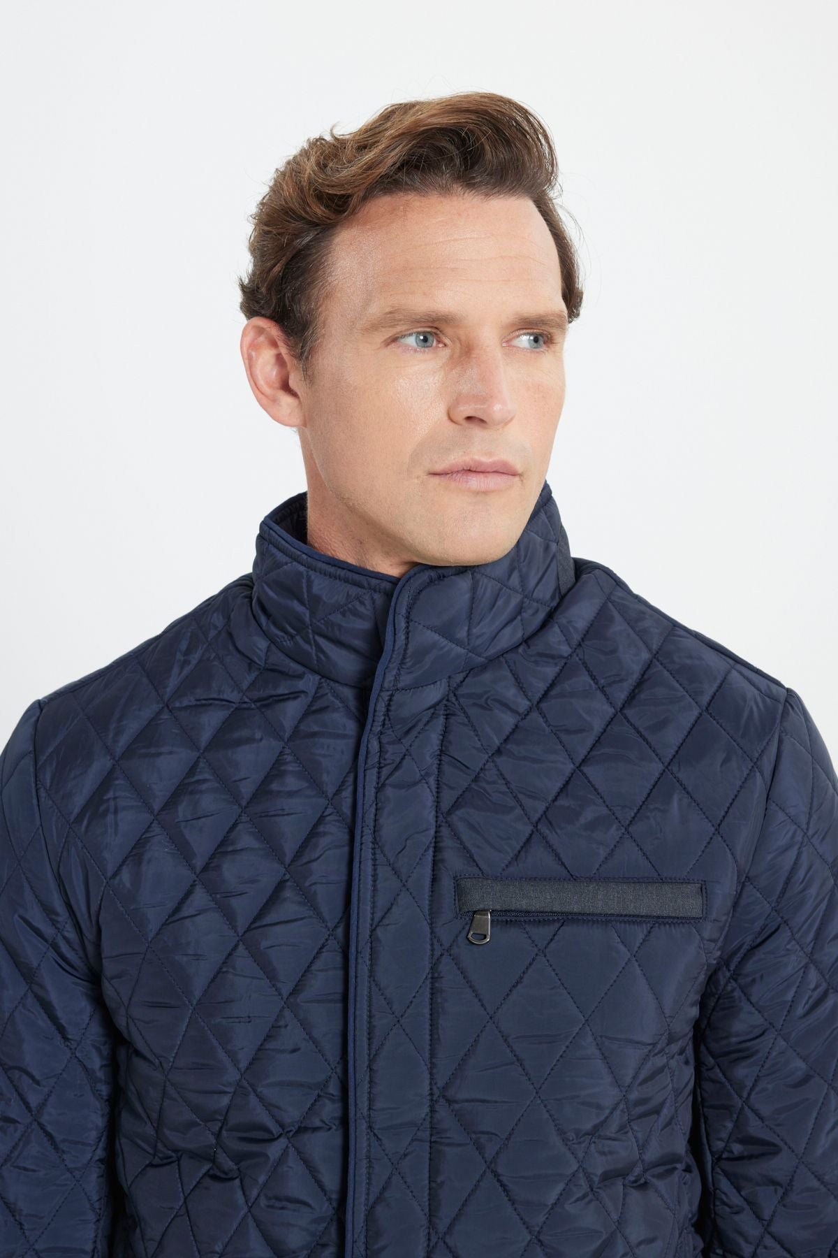 Men's navy blue standard fit normal cut upright collar pattern overcoat