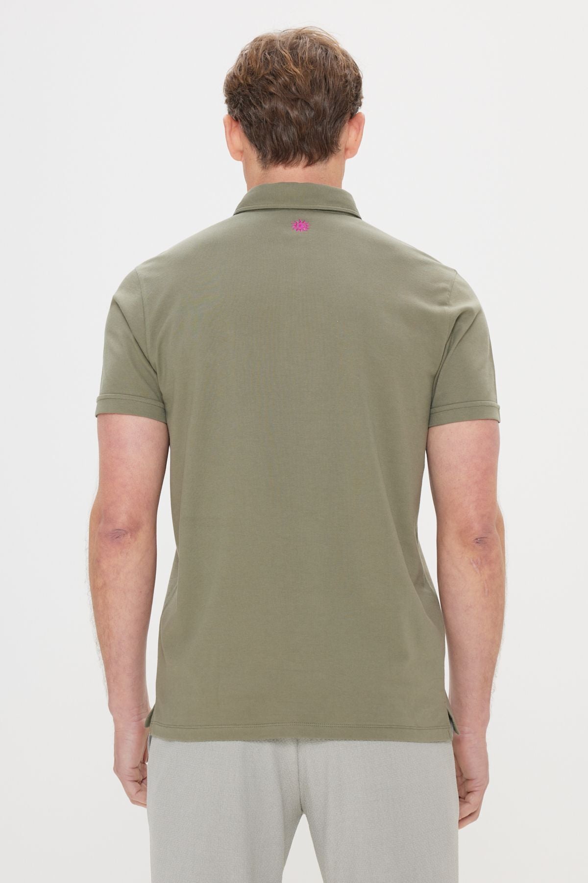 Male Khaki 100 %Cotton Slim Fit Narrow Cut Polo Yaka T -shirt