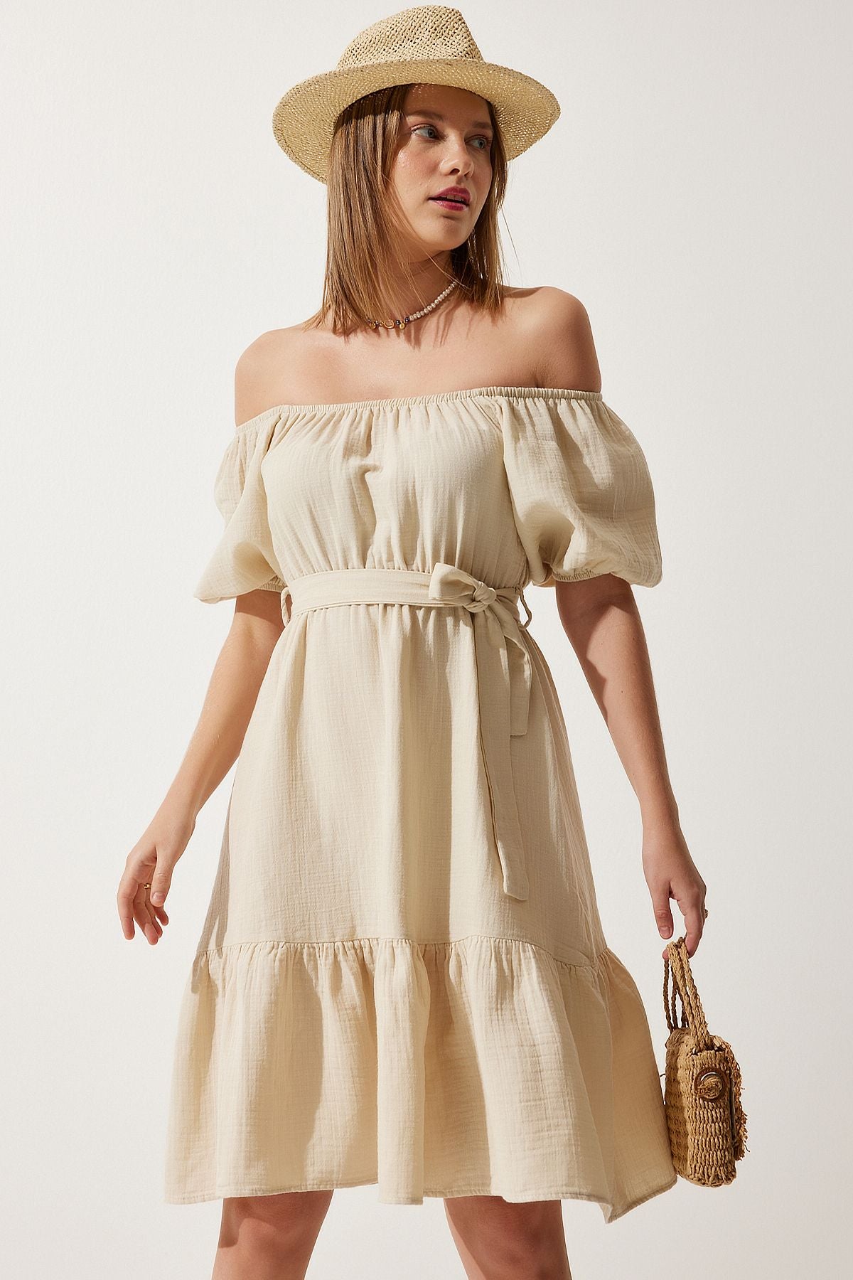 Women's Cream Carmen collar belt cottage Muslin dress MX00157