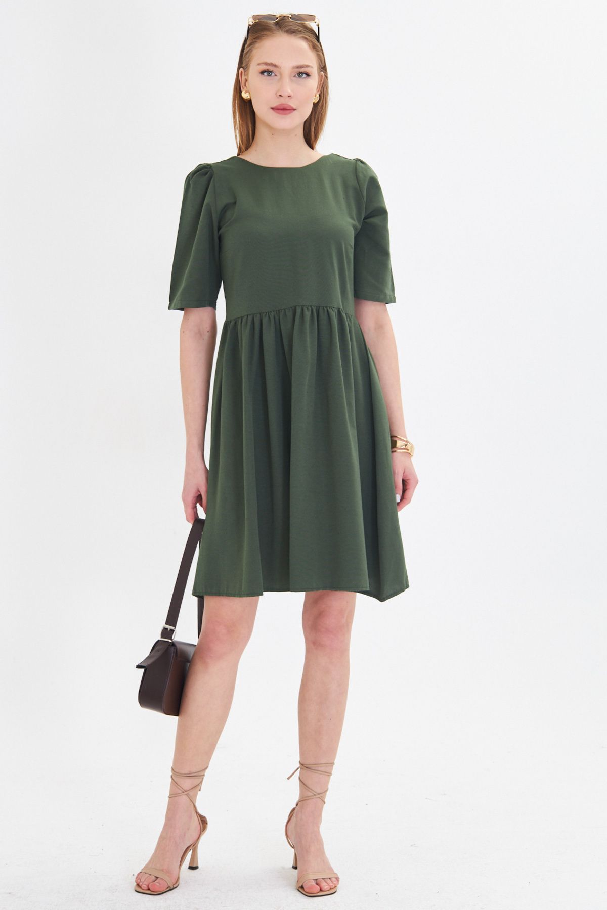 Female Khaki Zero Back Back Zipper Watermelon Arm Waist Shirred Dress ARM-25Y001009