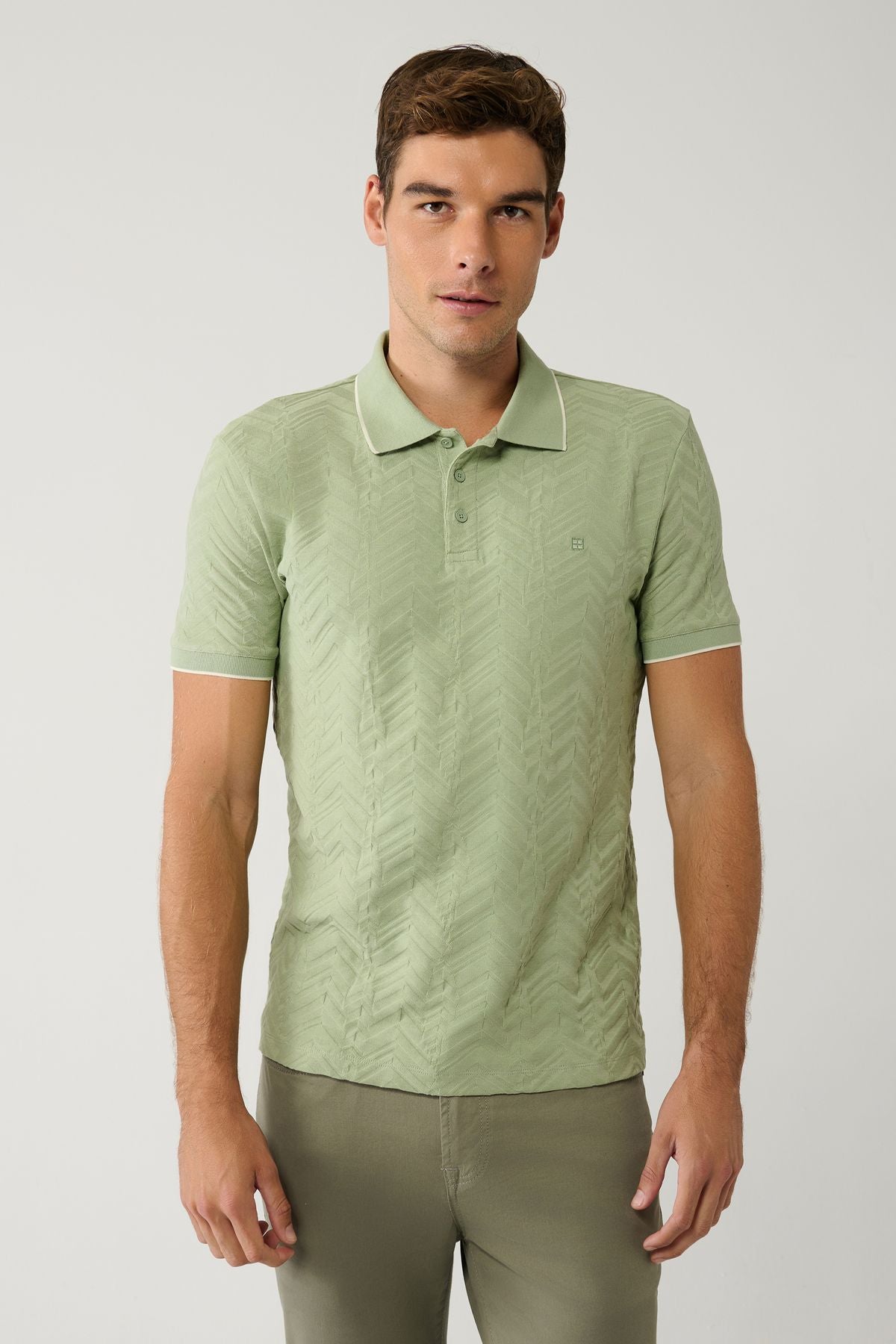 Male Khaki 100 %Cotton 3 Buttoned Jacquard Polo Yaka T-shirt A41y1147