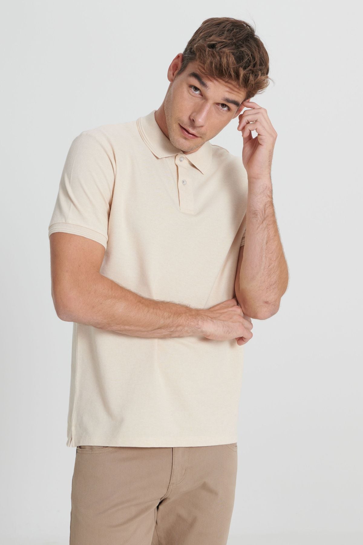 Men's Beige-Ekru Slim Fit Narrow Cut 100 %Cotton Polo Yaka T-shirt