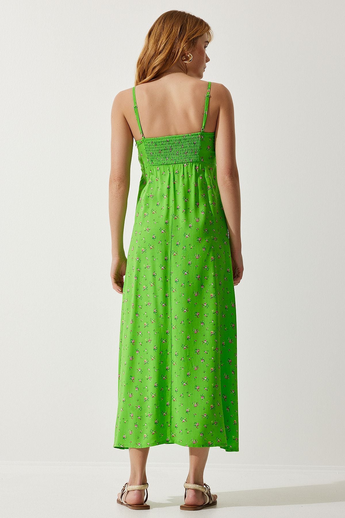 Female peanut green hanger with patterned viscose dress ub00236