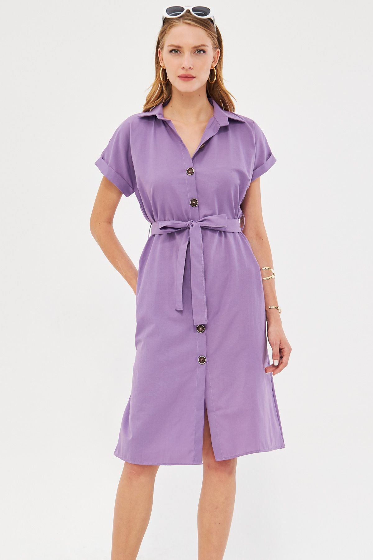 WOMEN'S LIL LALI WAST Belt Short Sleeve Shirt Dress ARM-19Y001068