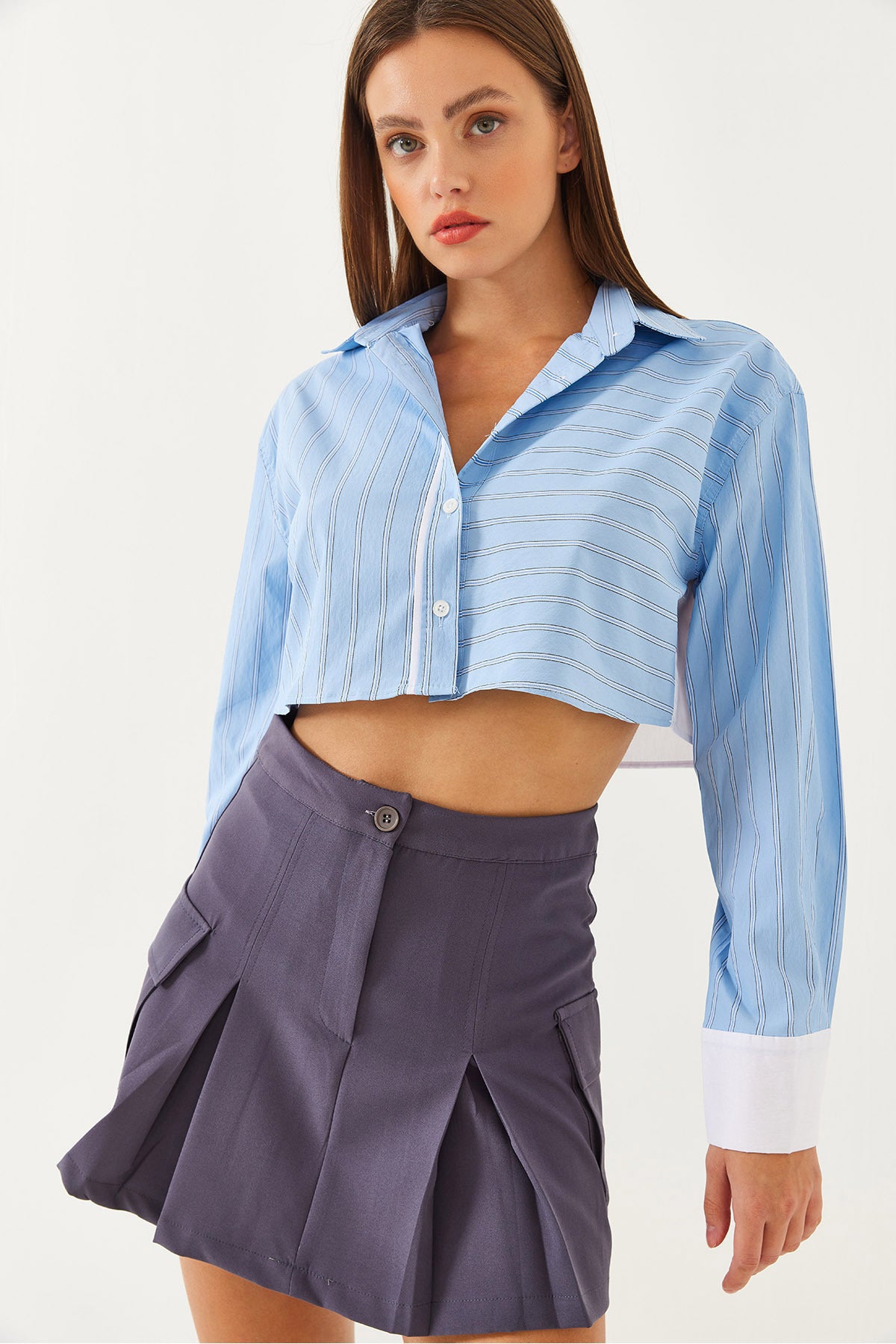 Women's Asymmetrical Striped Cuff Detailed Crop Shirt 4451 60251915
