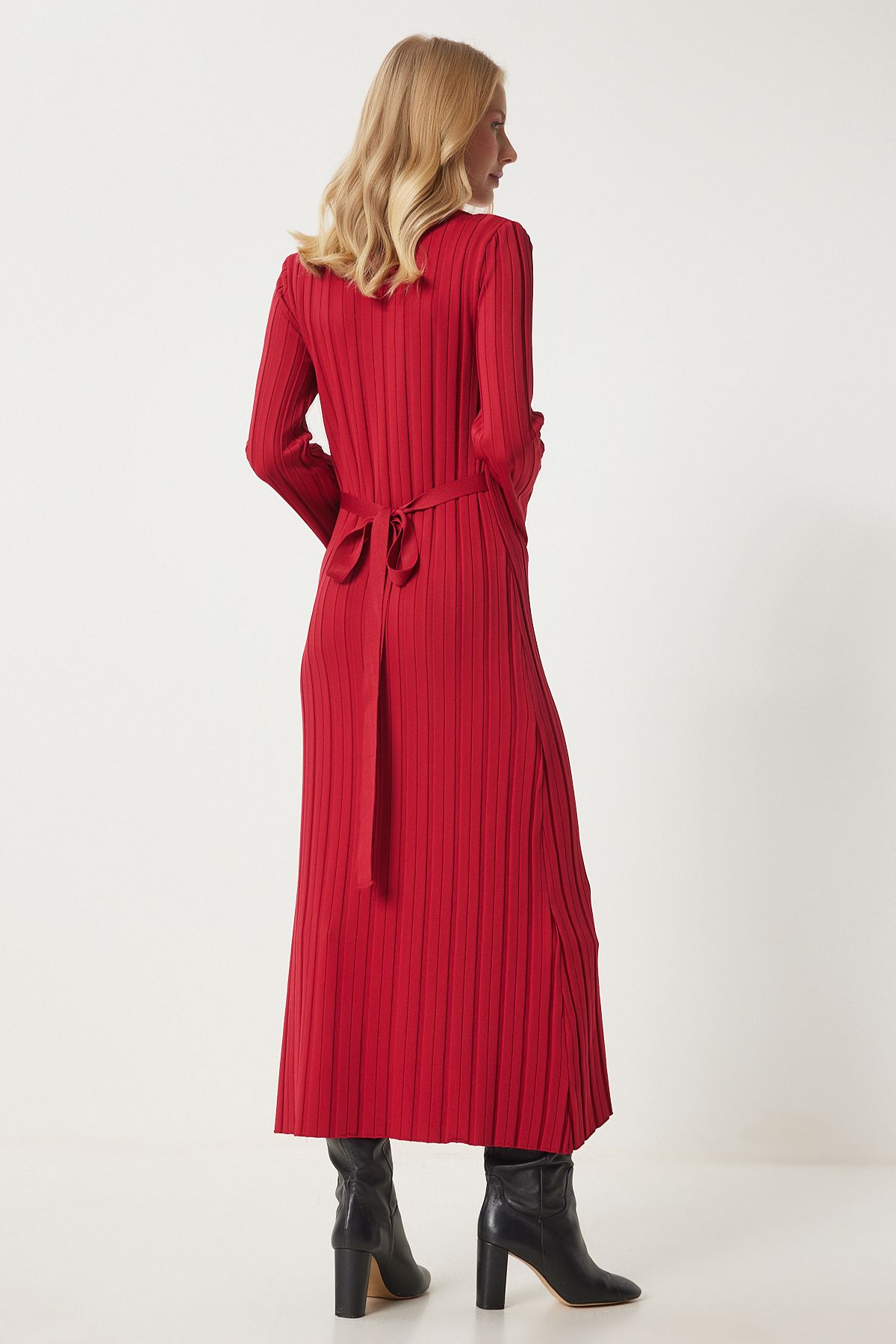 Woman Red Belt Remvous Long Knitwear Dress Ki00108
