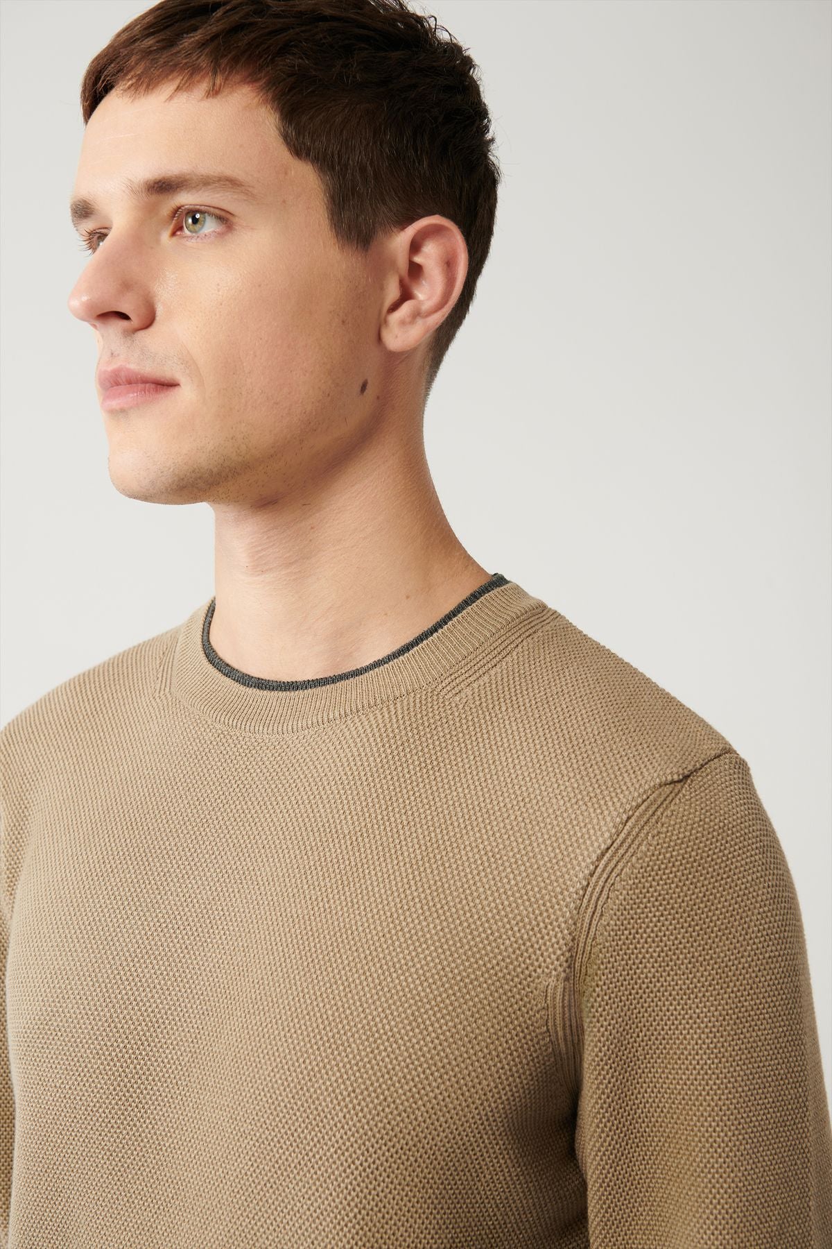 Men's Beige Double Collar textured knitwear sweater A32y5100