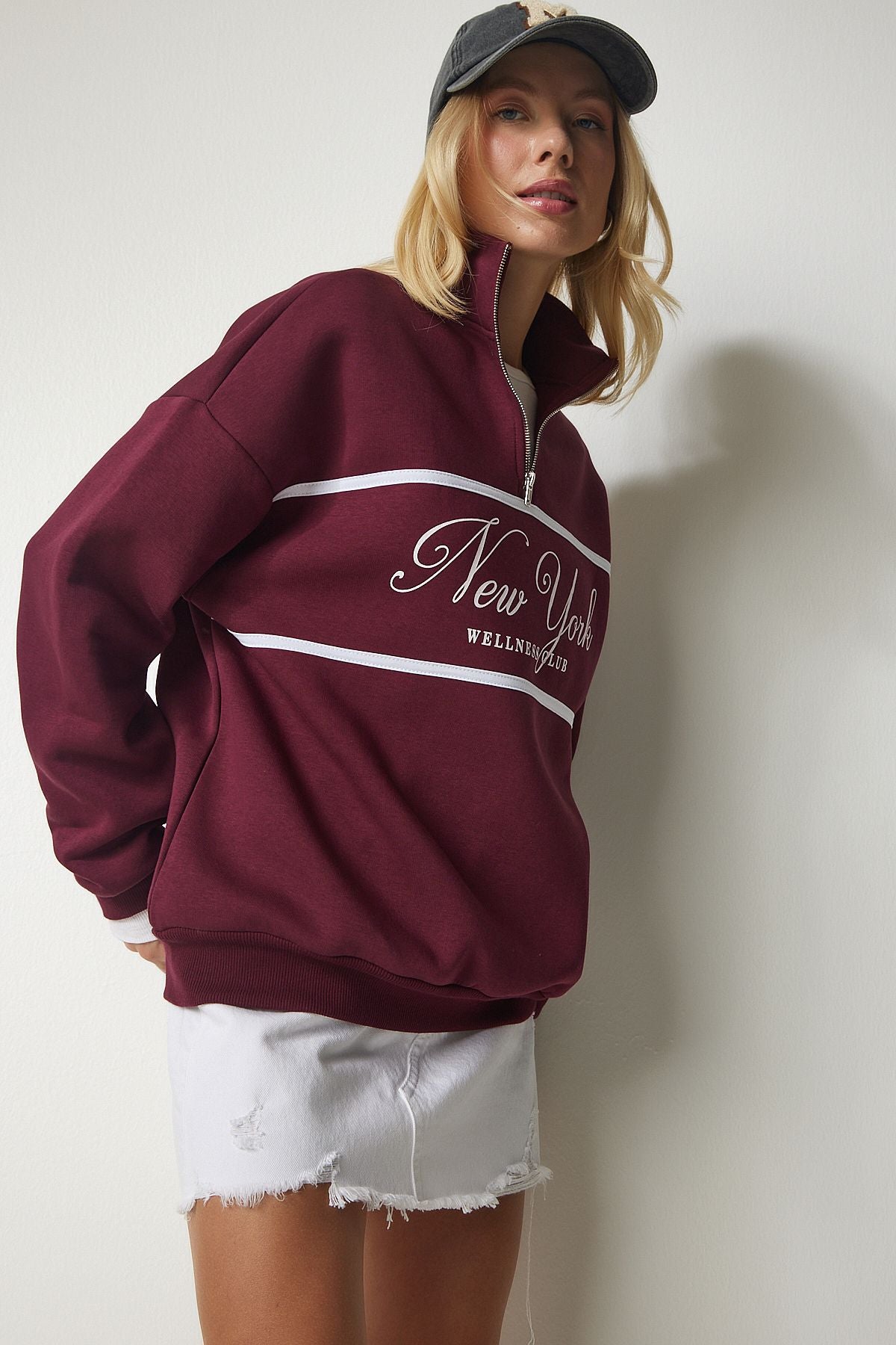 Female Bordeaux Zippered Neck Printed Sweatshirt UB00168