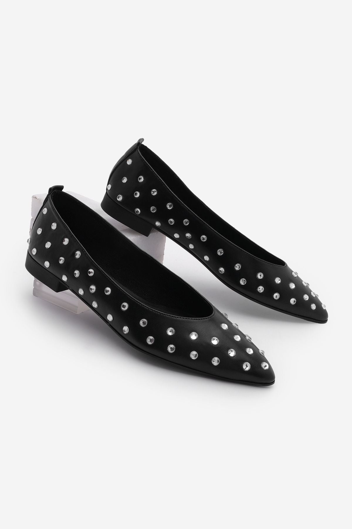 Woman Pointed Nose Stone Flat Shoes Exhibition Black