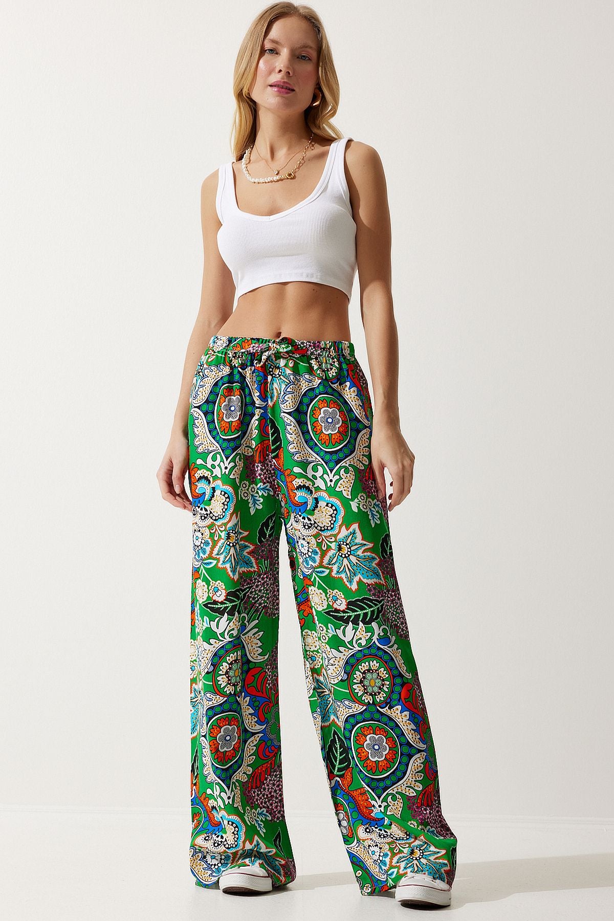 Female Green Orange Patterned Viscose Palazzo Pants EN00606