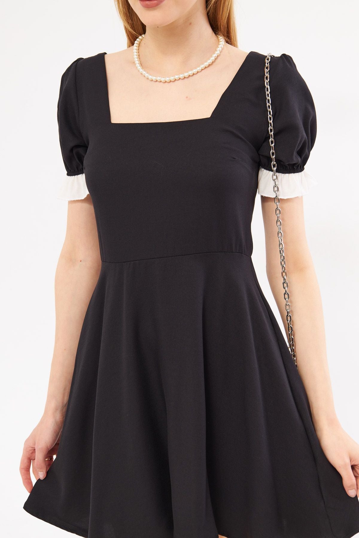 Female Black Front Rear Square Neck Sleeve Tip Detailed Watermelon Sleeve Kloş Mini Dress ARM-24Y001062