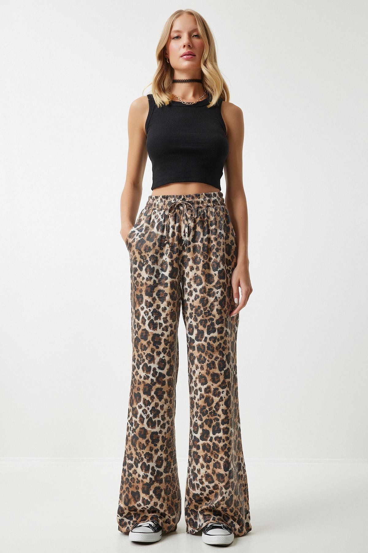 Female black beige leopard patterned viscose palazzo pants FN03185