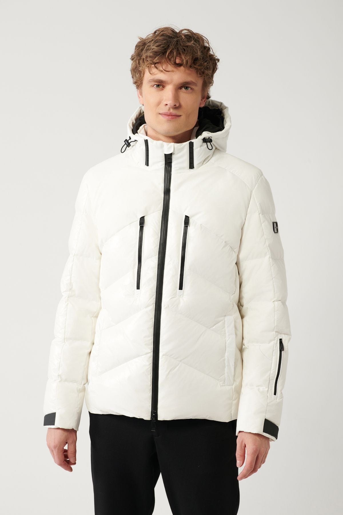 White goose feather water printer and windproof transport strap removable hooded collar swelling unisex m