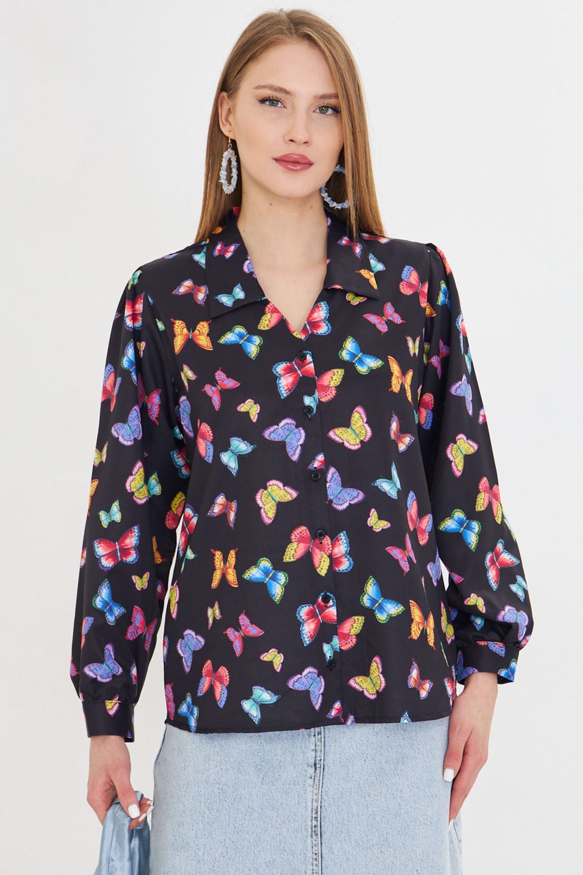 Female Black V-Neck Balloon Arm Patterned Shirt ARM-25Y001016