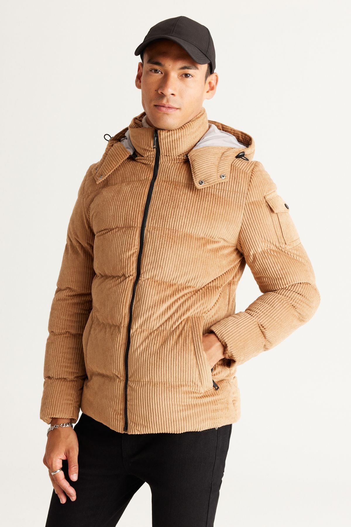 Men's Beige Standard Fit Normal Cutting Hooded Coat