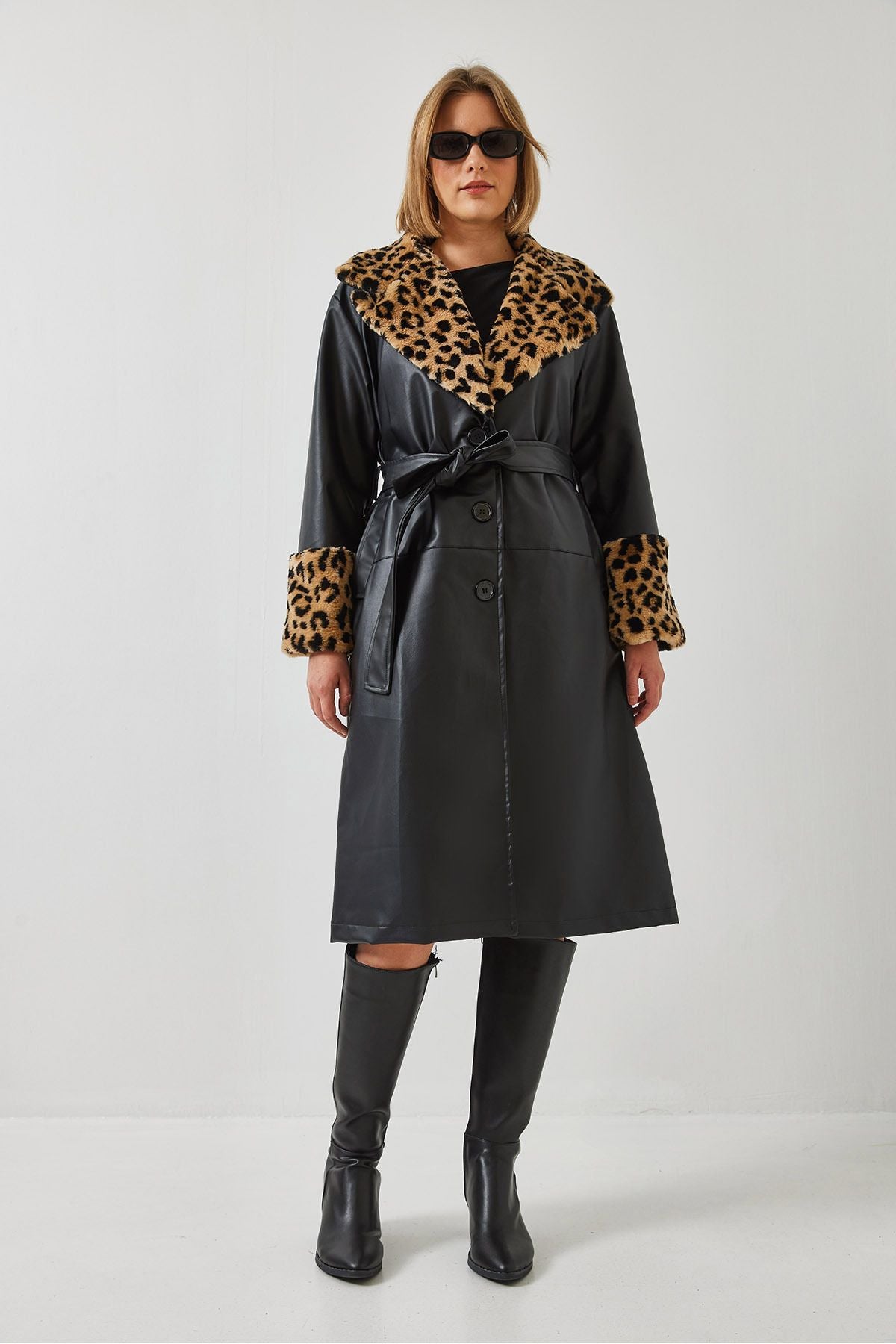 Women's collar and arms leopard fur leather trench coat 3103 60351269