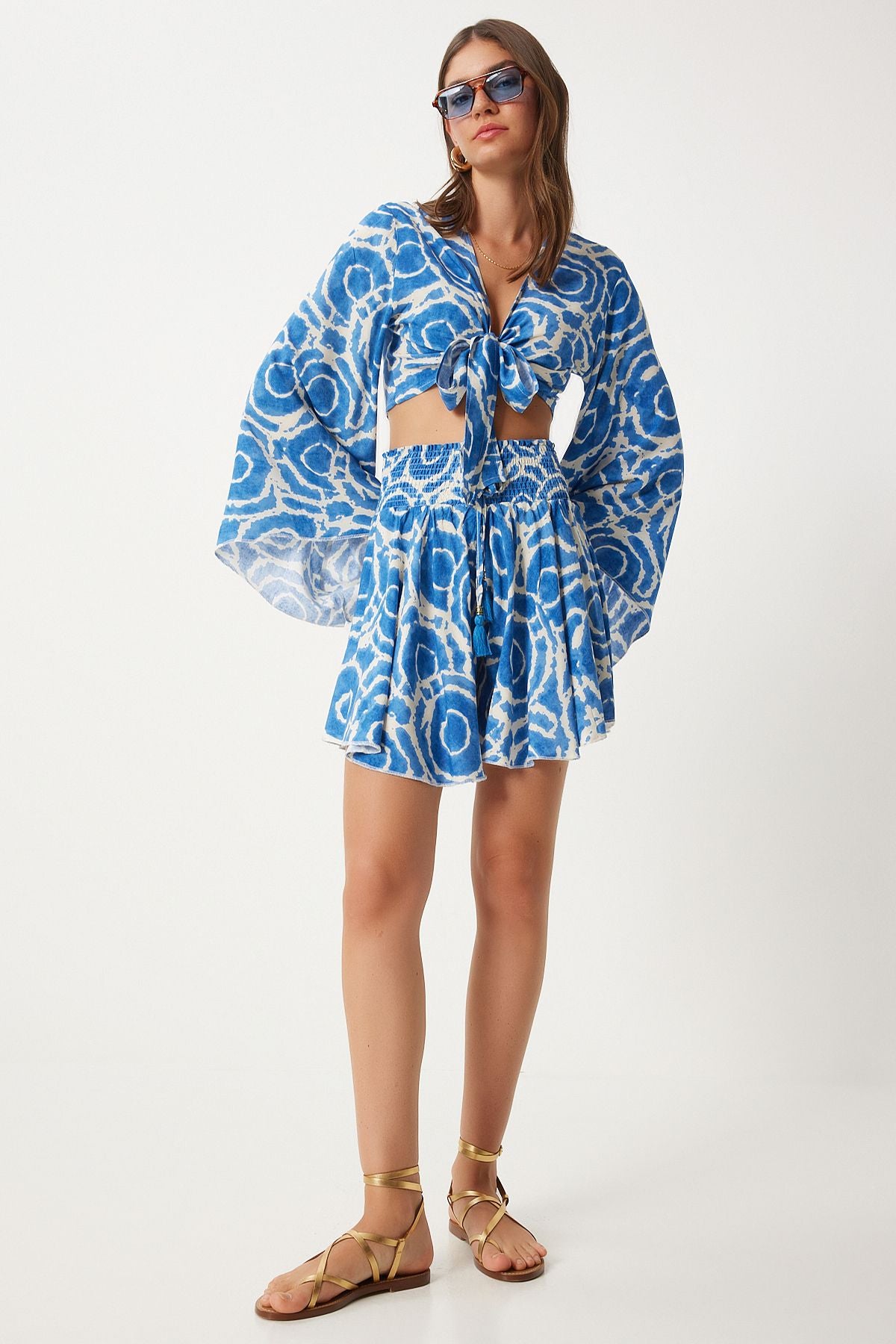 Women's Blue Cream Patterned Blouse Short Set DK00171