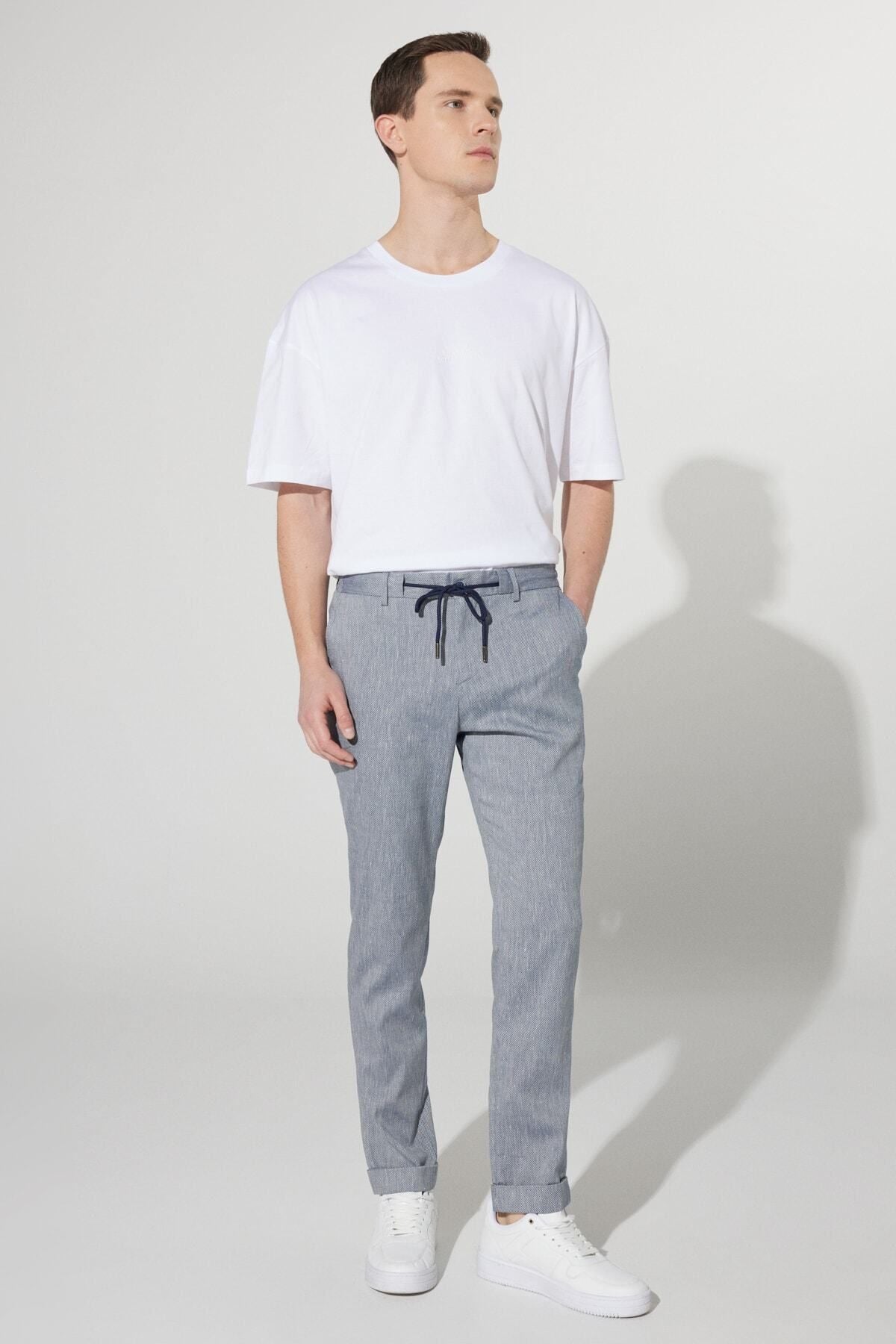 Men's navy blue slim fit narrow -cut linen mixed waist tied jogger pants
