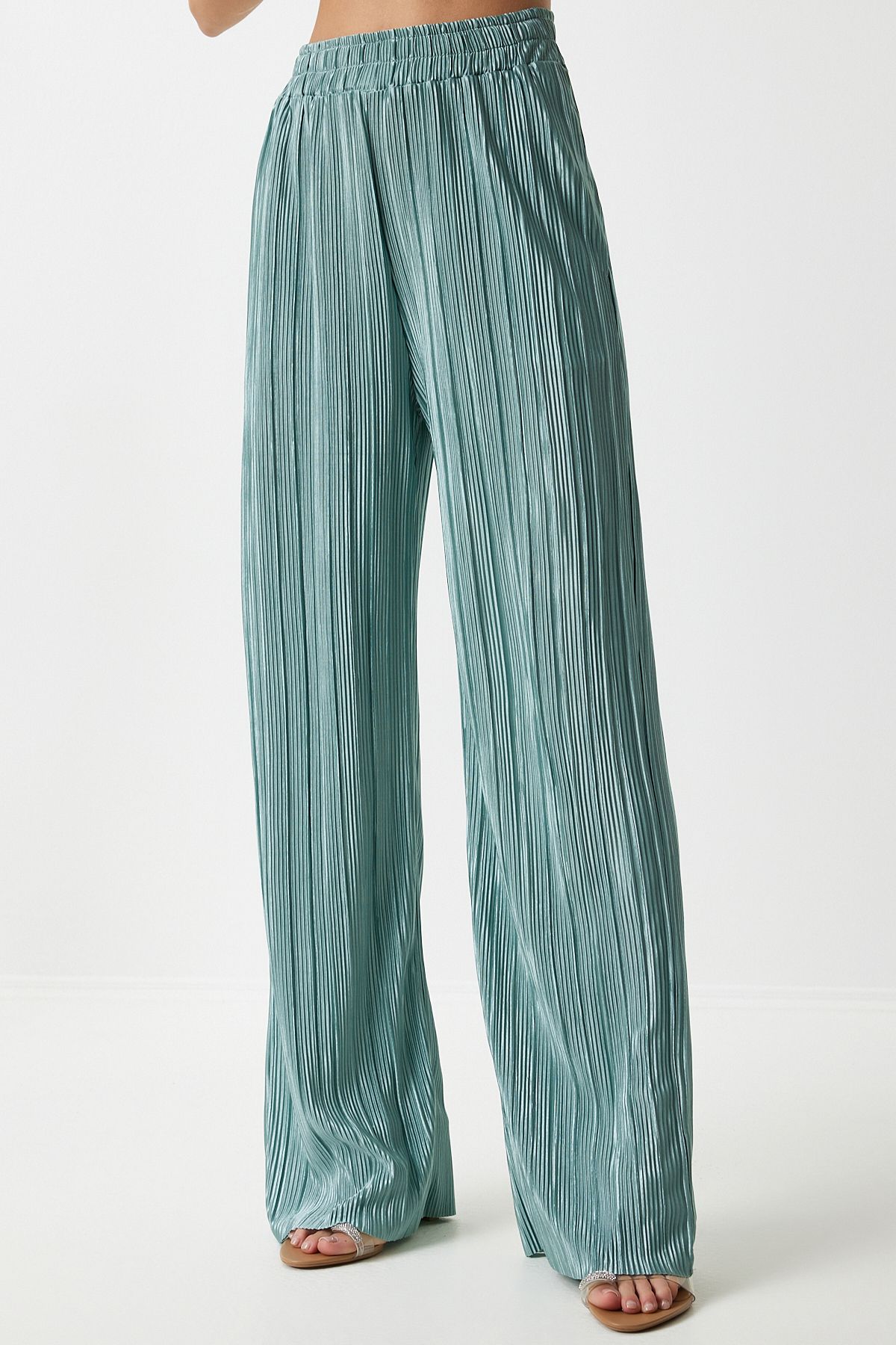 Female Water Green Pilisable Casual Blouse Pants Set Mc00283