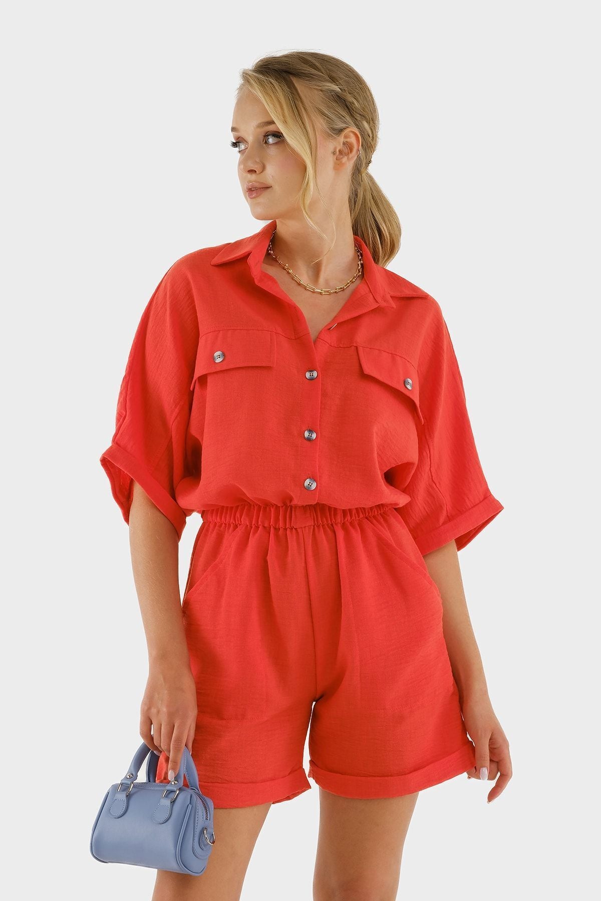 Female coral bat sleeve pocket with waist waist tire shorts overalls Arm-23y001075