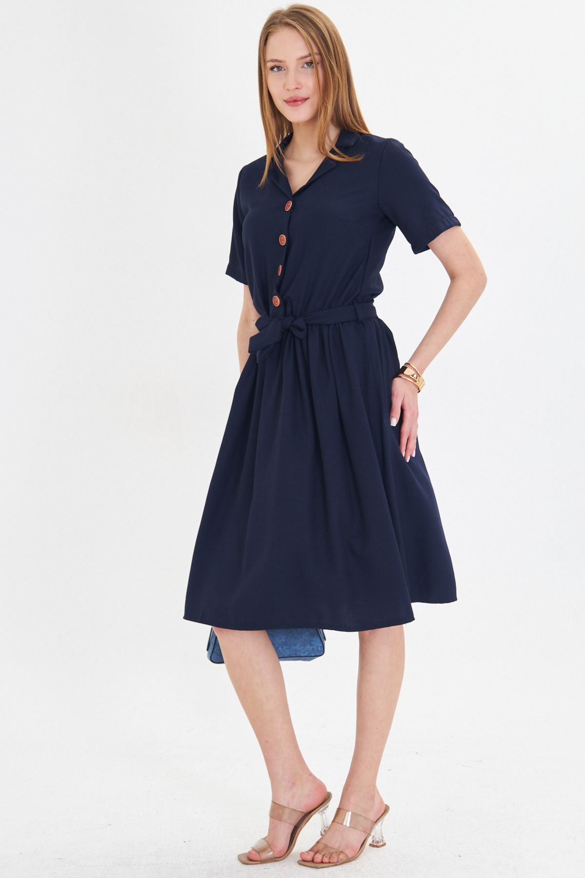 Woman Navy blue front buttoned waist shirred belt midi size dress ARM-24Y001068