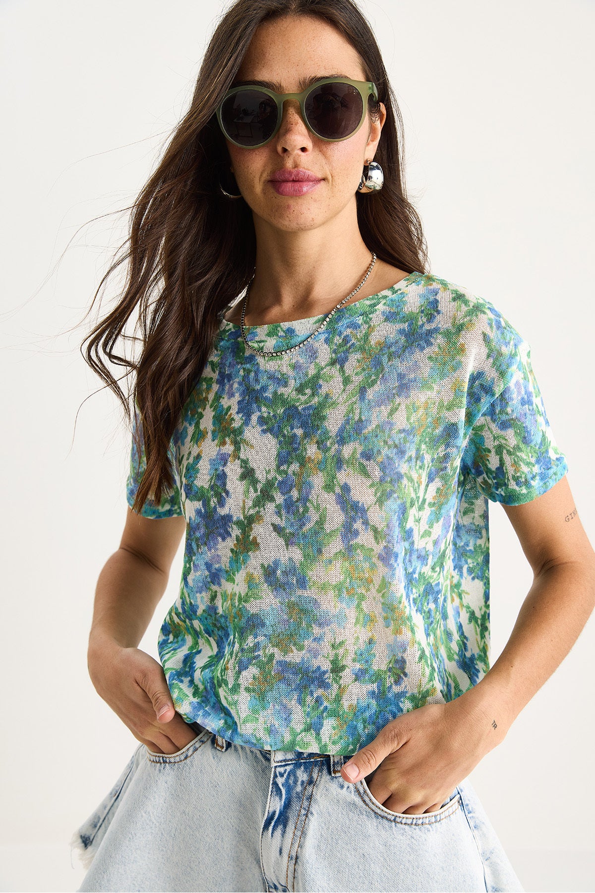 Women's Crew Neck Patterned Digital Printed Regular Summer Knitted T-Shirt 60282015